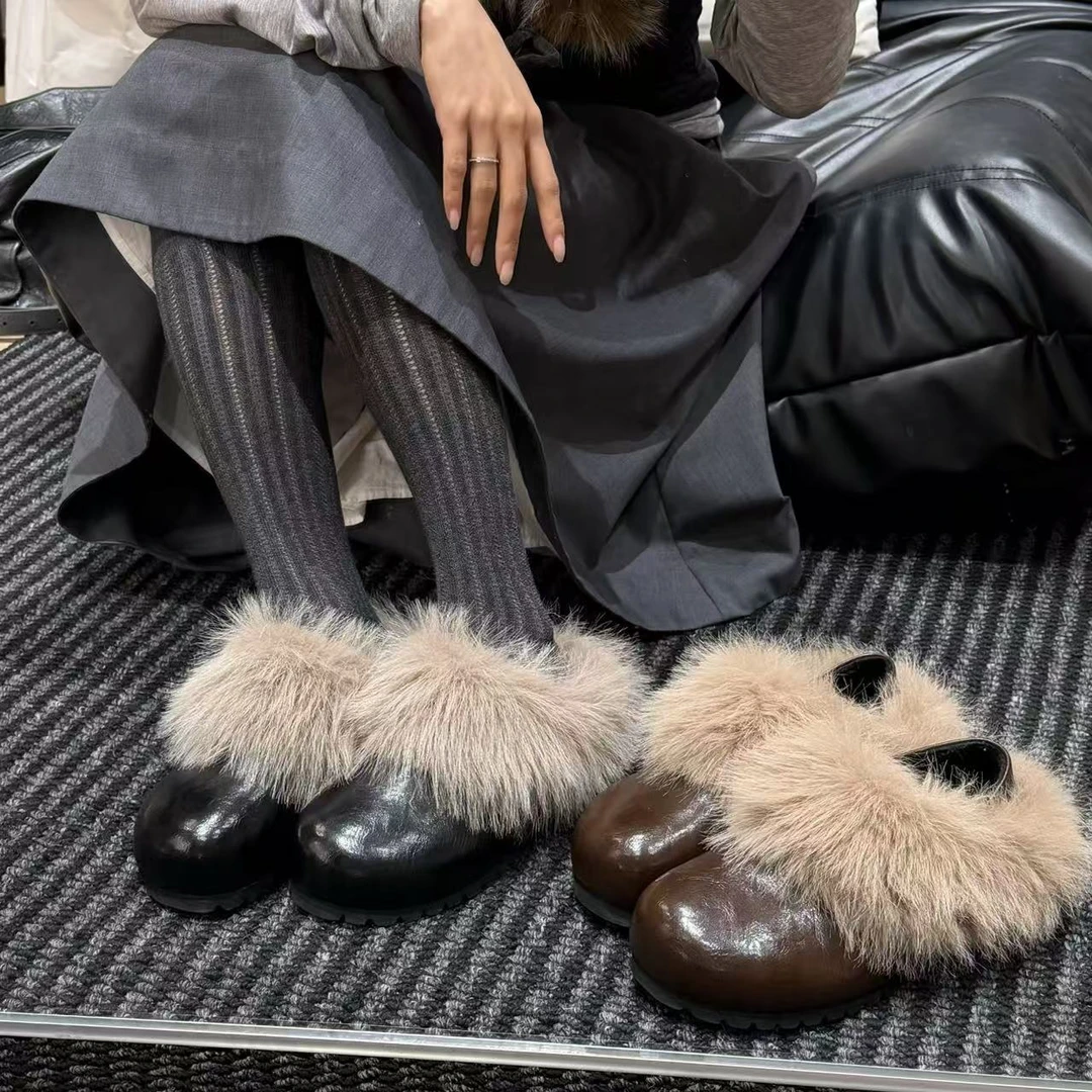 H55斯拉夫风皮面勃肯鞋加绒棉鞋一脚蹬包头拖鞋2025新款毛毛鞋女