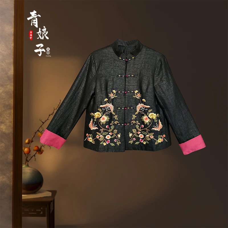 青娘子香云纱龟纹刺绣新中式复古短款秋冬薄棉服-51515