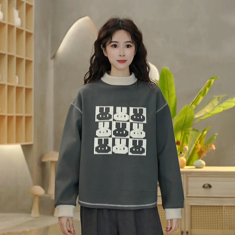 6671 冬季新款加绒加厚印花小兔子圆领卫衣宽松时尚百搭长袖卫衣