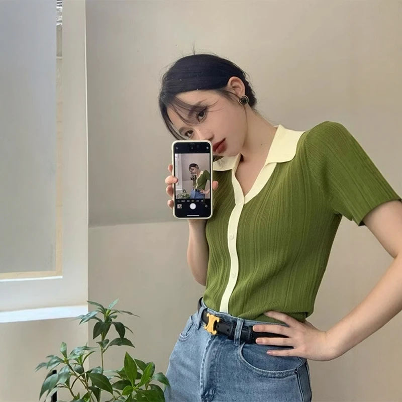 绿色polo领短袖冰丝针织衫T恤女夏季法式复古撞色拼接高级V领上衣