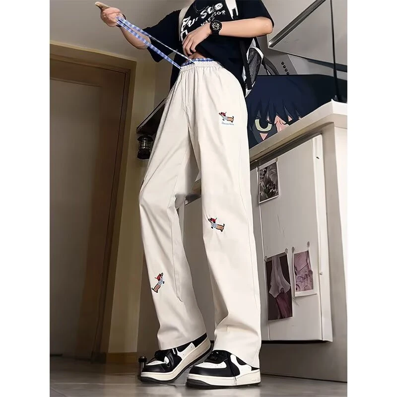 腊肠狗格子拼接休闲裤男女新款夏季潮牌直筒宽松垂感阔腿运动裤子