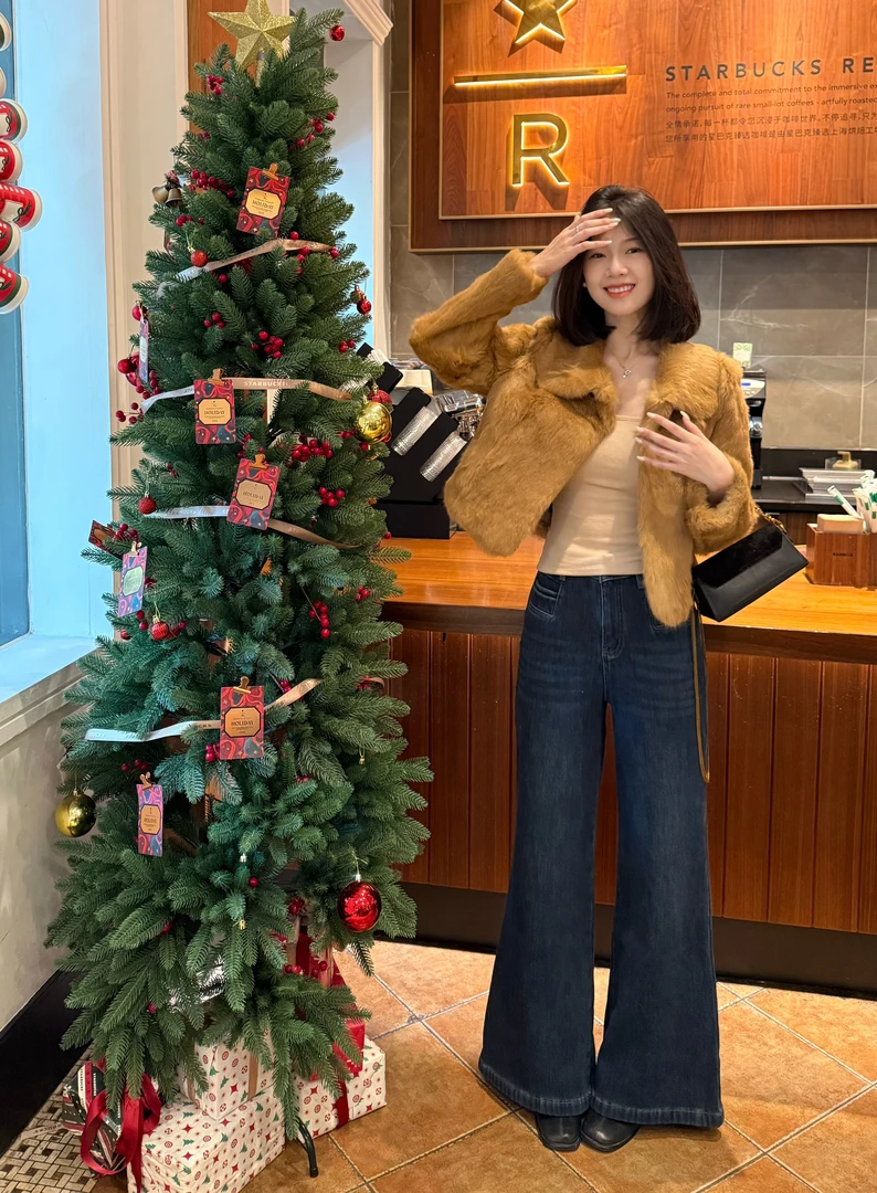 【福桃推荐】秋冬新款复古高腰加绒加厚不贴腿显瘦直筒牛仔阔腿裤