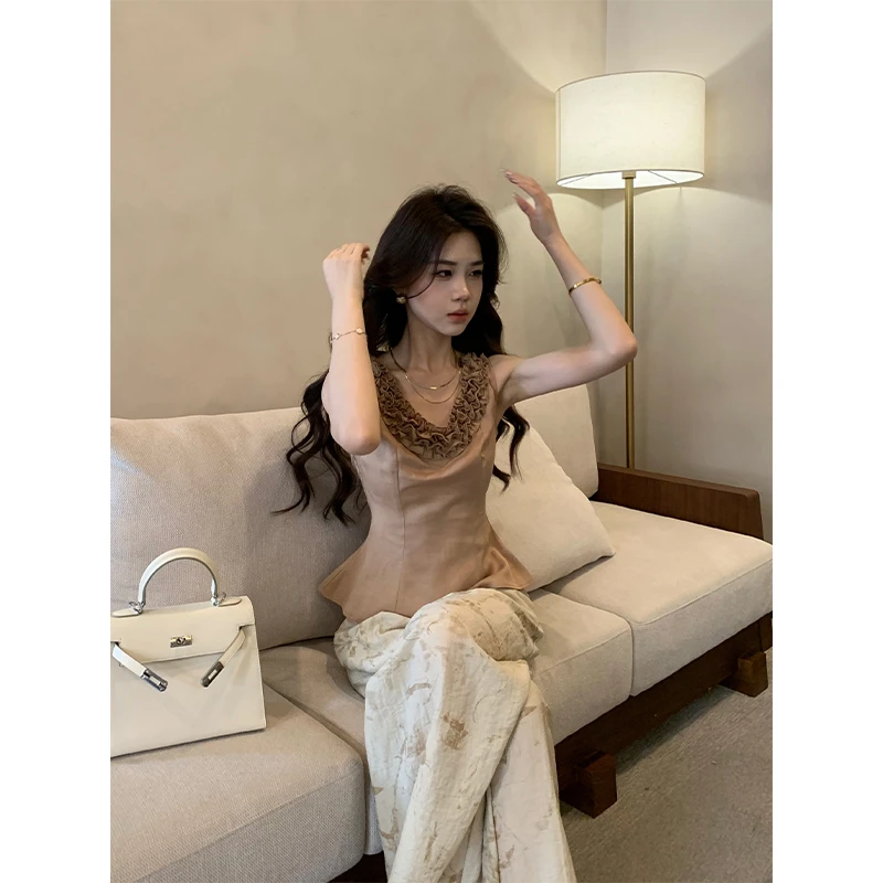 木子李的李【朴素大方】小众气质木耳边收腰上衣复古棉麻休闲阔腿裤