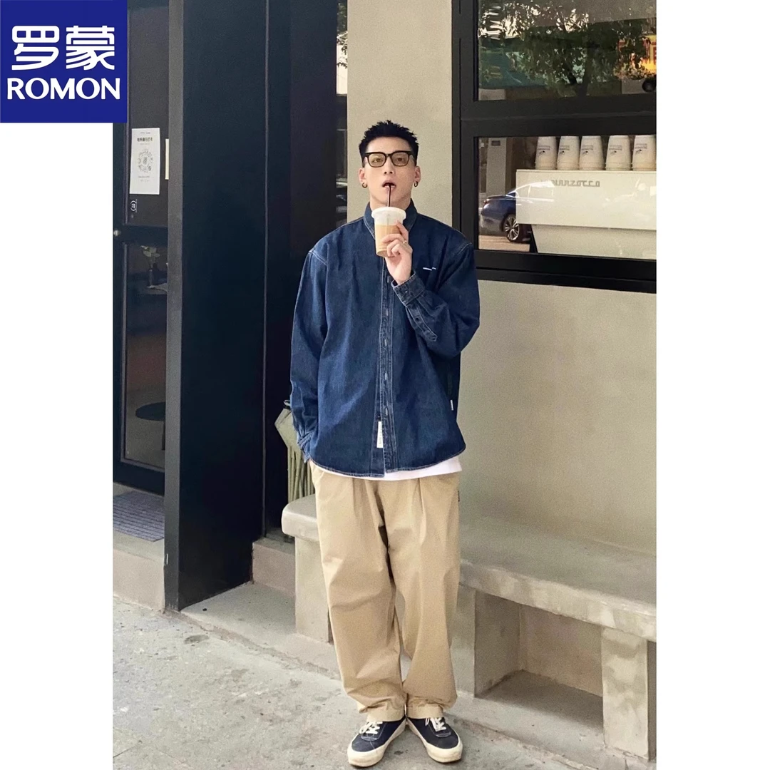 罗蒙春秋新款牛仔外套日系宽松廓形水洗百搭休闲长袖衬衫男潮牌