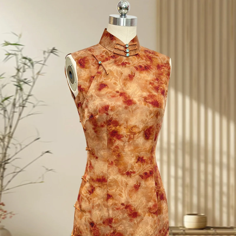 花间辞 玲珑娇高端旗袍真丝香云纱手工全开襟无袖新中式2025夏季