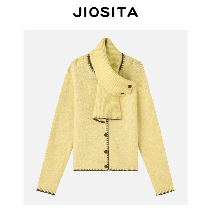 JIOSITA  法式气质单排扣针织开衫（配围巾）