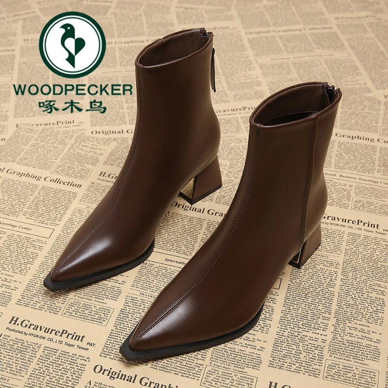 啄木鸟尖头小短靴女2025秋冬新款粗跟瘦瘦靴小个子高跟靴子裸靴