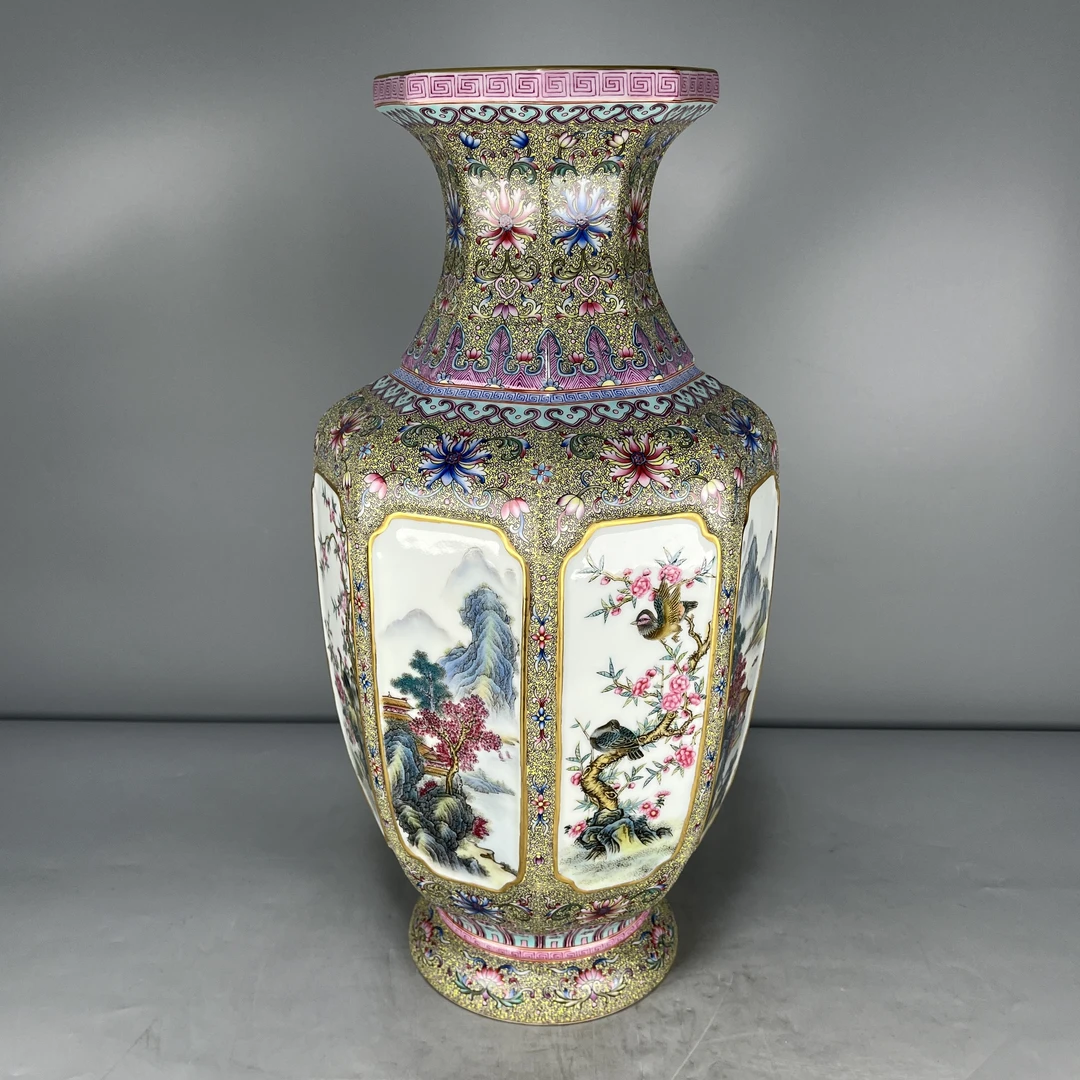 仿古瓷 仿古乾隆年制珐琅彩描金开窗花鸟山水阁楼八棱瓶