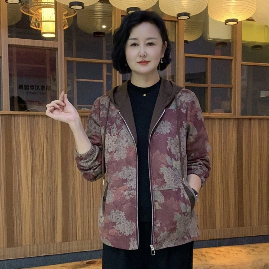 秋季新款碎花连帽休闲时尚气质百搭宽松中老年妈妈装