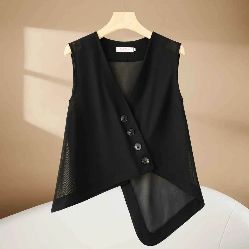 25003轻薄透气网纱马夹夏季新女士V领无袖纯色流行时尚潮牌女装