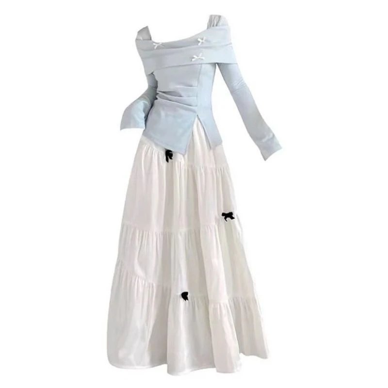 法式温柔风套装蝴蝶结设计感秋季蓝色开叉长袖上衣高腰修身半身裙