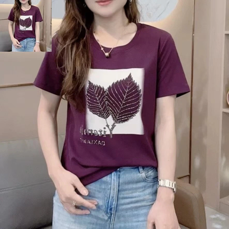 夏季洋气时尚印花烫钻树叶宽松圆领2025新款休闲百搭短袖t恤8876！