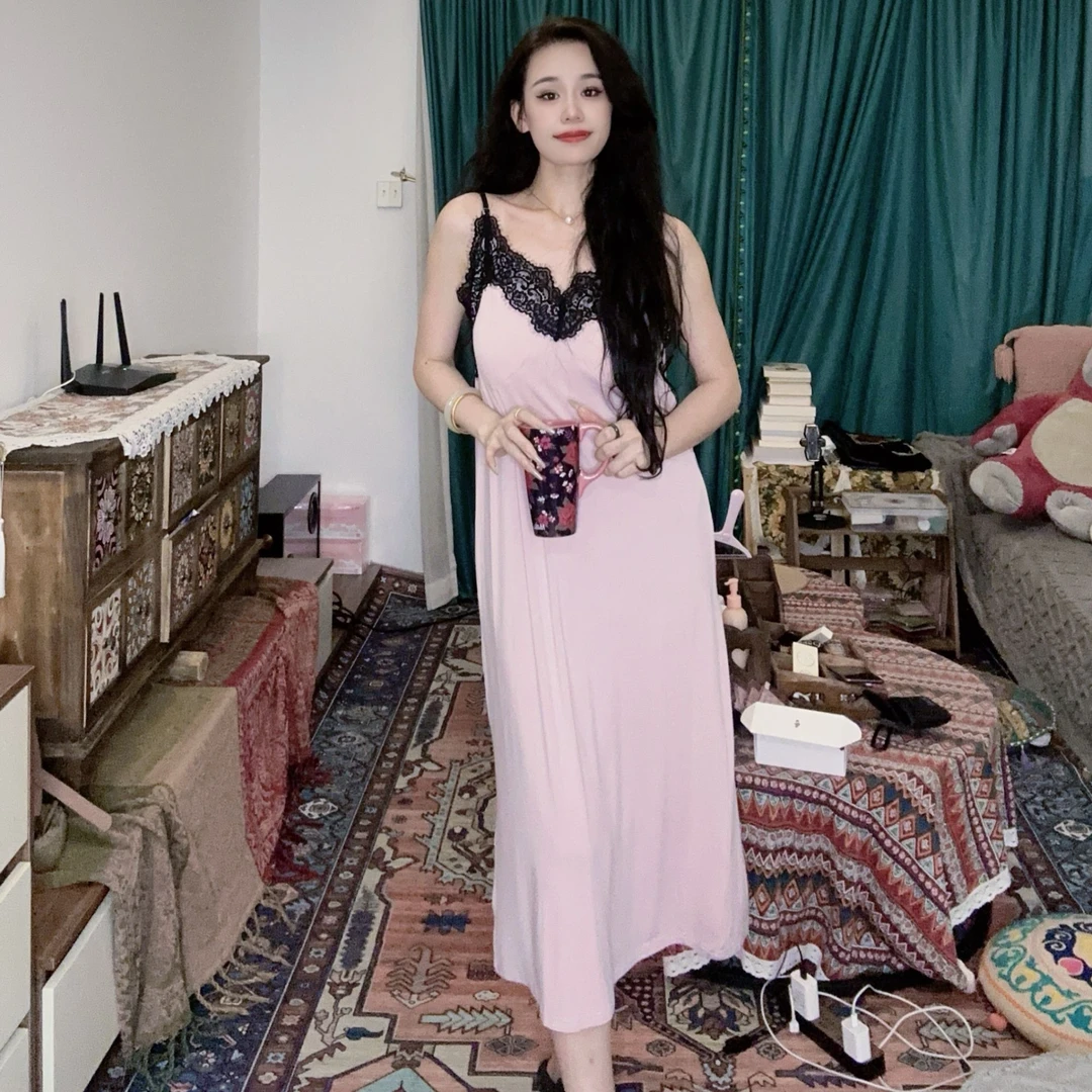 （带胸垫）显瘦夏季睡裙纯欲风吊带裙女性感蕾丝美背气质长裙睡衣