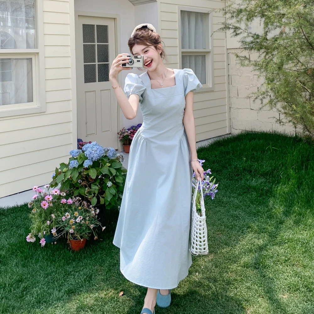 泡泡袖法式长裙夏季方领连衣裙甜美仙女裙裙子收腰中长款初恋小众