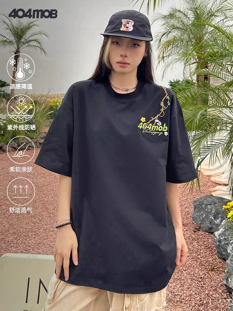 404MOB重工藤蔓花卉刺绣短袖T恤男美式潮牌冰感防晒复古情侣体恤t