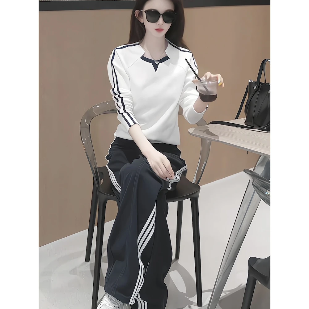 高级感时尚休闲运动套装女春秋新款白色双杠长袖T恤阔腿裤两件套