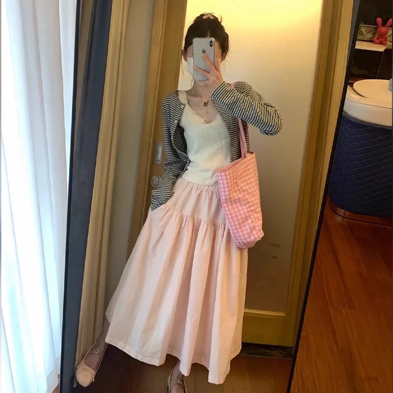 粉色少女细条纹开衫松紧腰半身裙三件套春夏新款设计感甜美套装