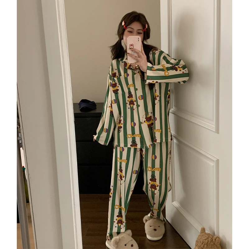 睡衣女春秋季纯棉长袖卡通条纹马戏团小熊印花超柔软家居服套装