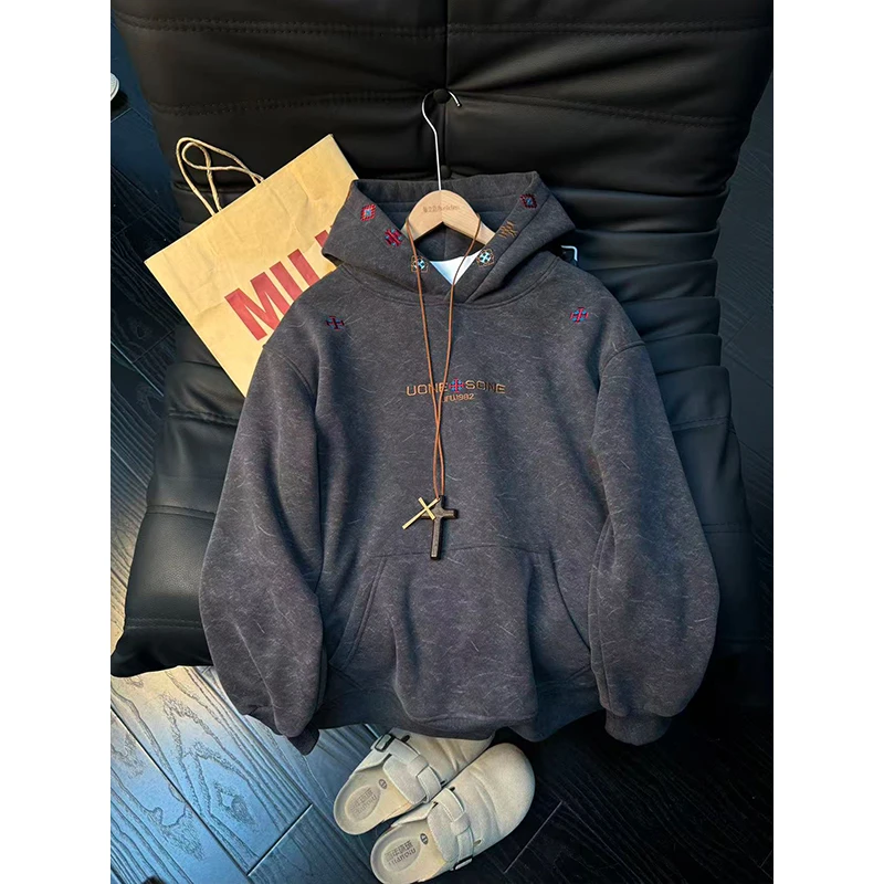 美式复古加绒刺绣卫衣男款秋冬季重磅连帽情侣帽衫设计感宽松上衣
