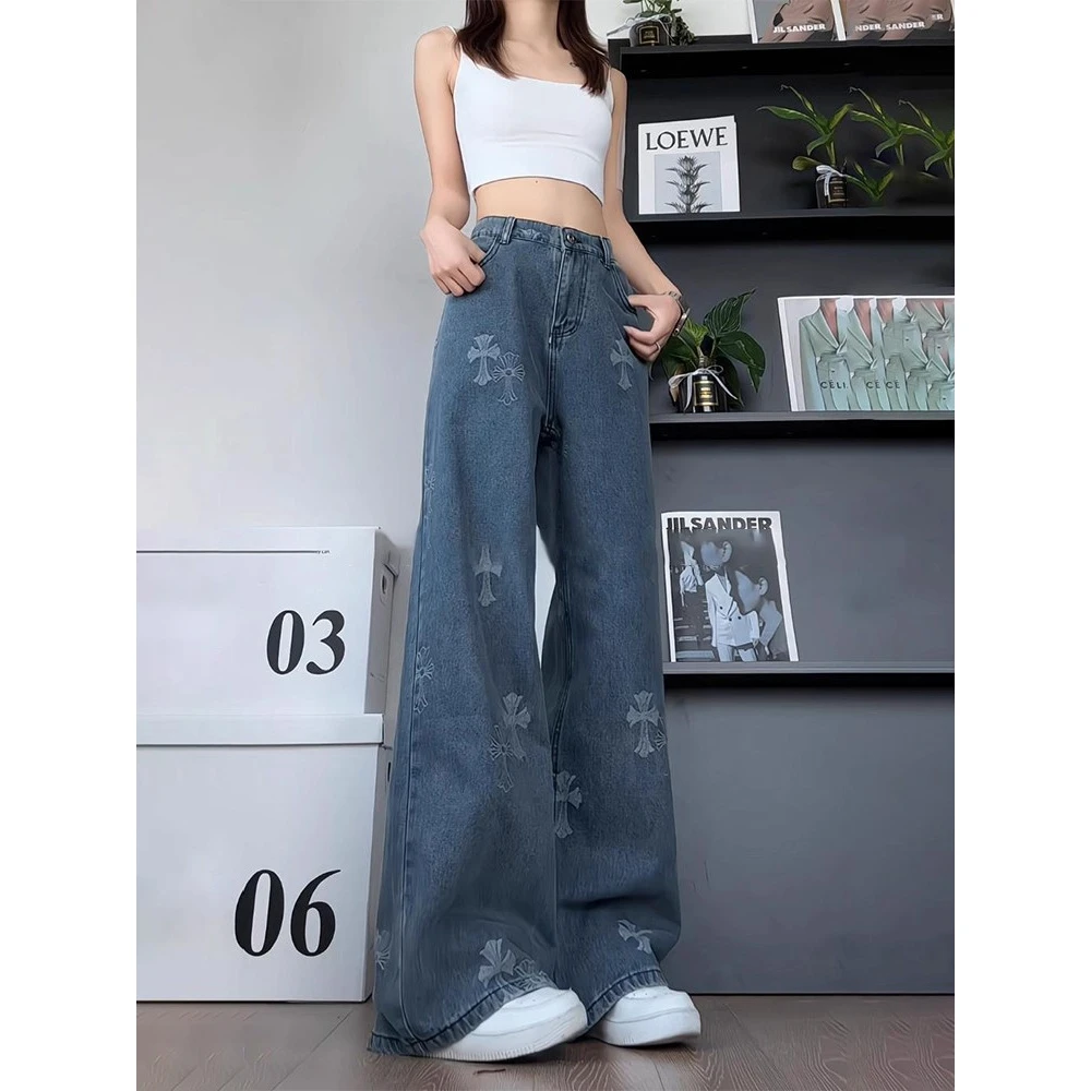 美式复古十字架刺绣牛仔裤男女秋季直筒阔腿弯刀长裤半松紧腰裤子