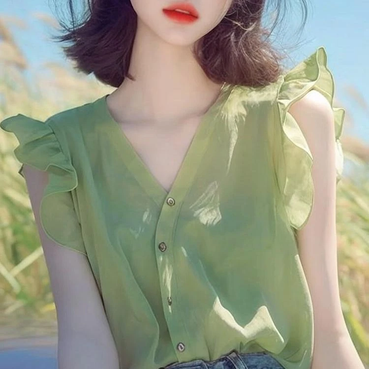 法式高级上衣无袖宽松夏季荷叶边新款独特漂亮小衫别致衬衫女