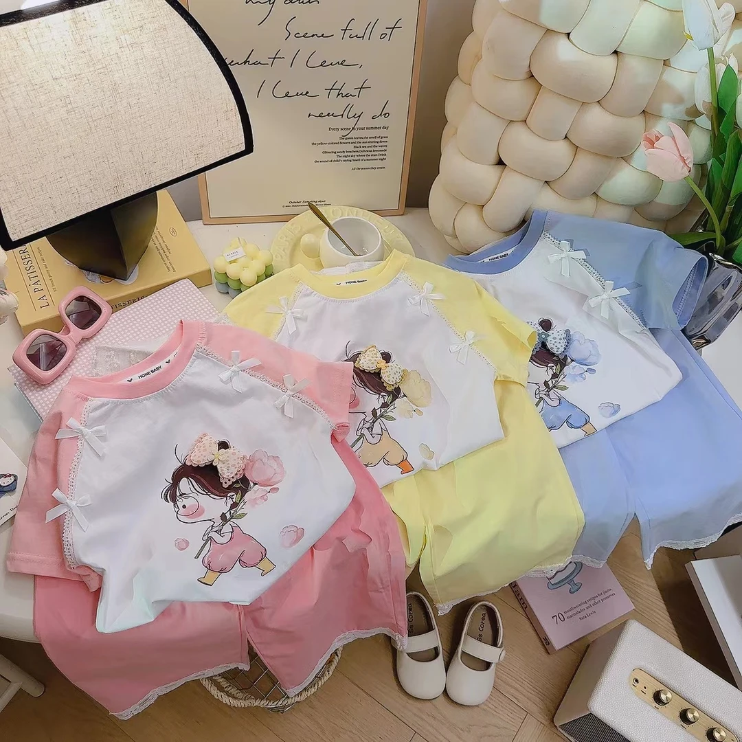 【亲子装】女童25夏季新款蕾丝花边甜美纯棉短袖女孩时尚外穿上衣88