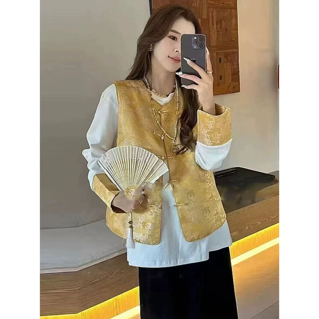 小静折扣~NA1625P 盘扣提花马甲+新中式拼接T恤两件套（90-130斤）