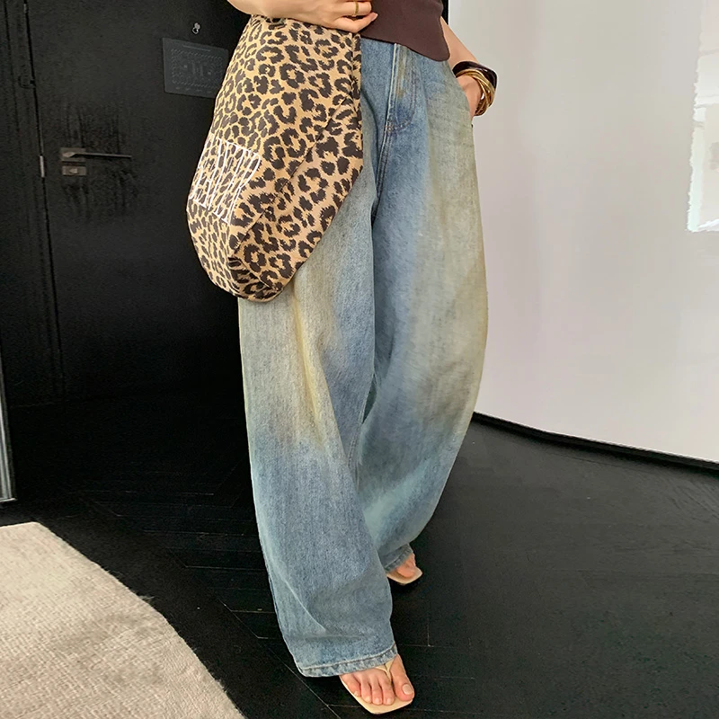 【ALONE SAVOR】废旧相片 做旧黄阔腿直筒牛仔裤J146