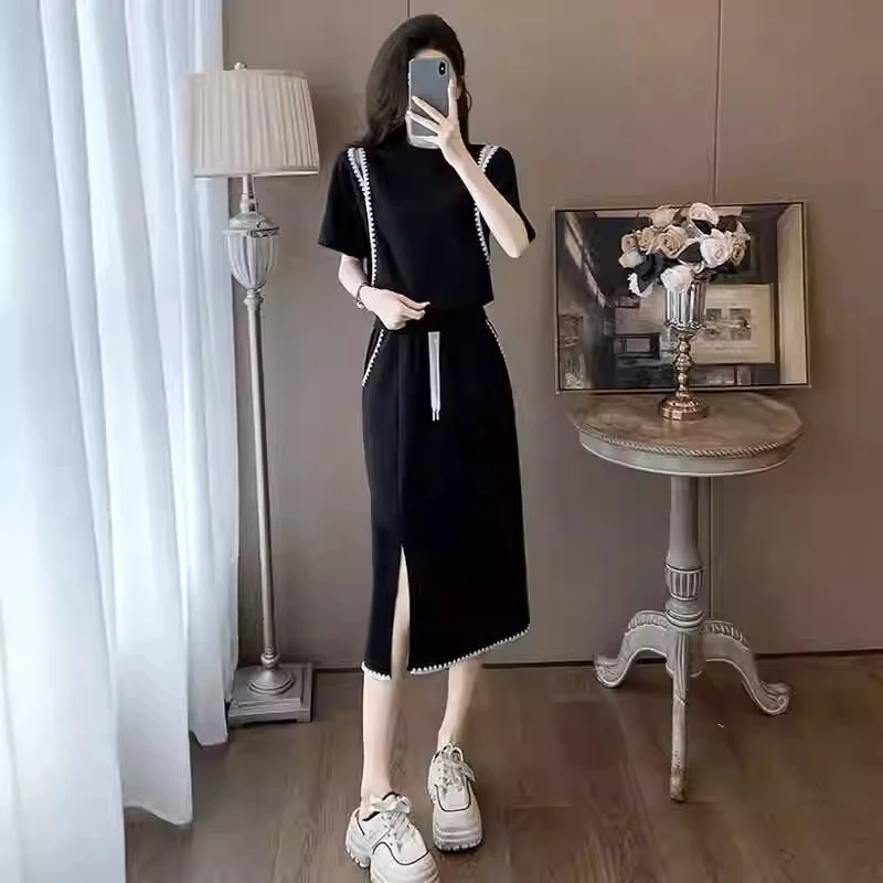 La babite休闲套装裙女夏2025新款时髦运动风短袖开叉半身裙套装