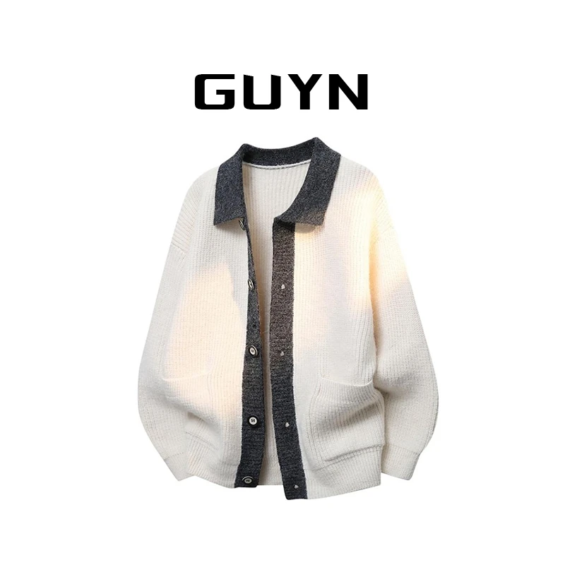 【品牌正品现货】GUYN复古拼色针织开衫男士秋冬季时尚百搭毛衣外套