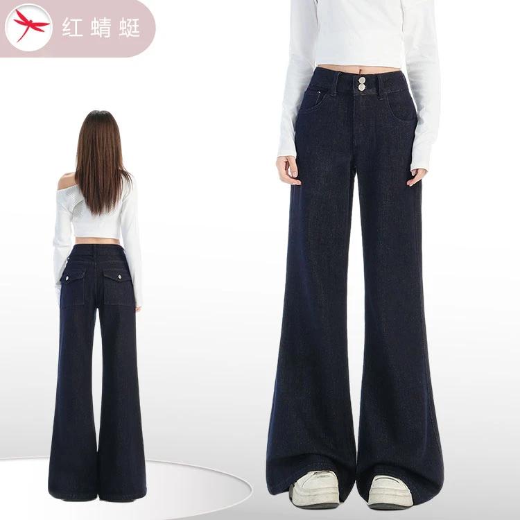 红蜻蜓秋季女装新款网红裤子双排扣设计提臀修身微喇牛仔裤子M
