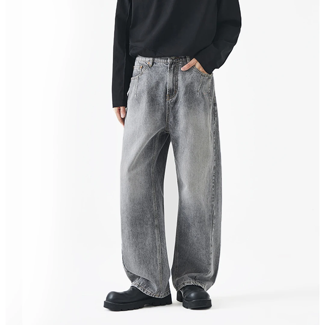 松紧高腰水洗垂感春季复古牛仔裤男阔腿直筒裤宽松休闲显瘦拖地裤