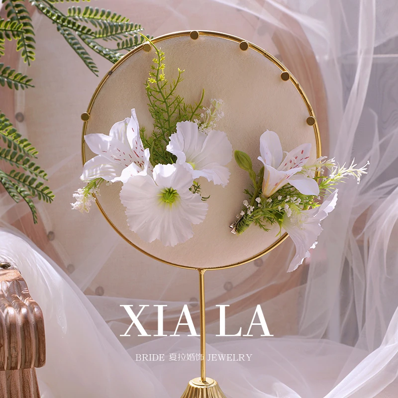 夏拉原创小清新白色仙气花朵新娘婚纱发饰轻纱外景迎宾头饰品发夹