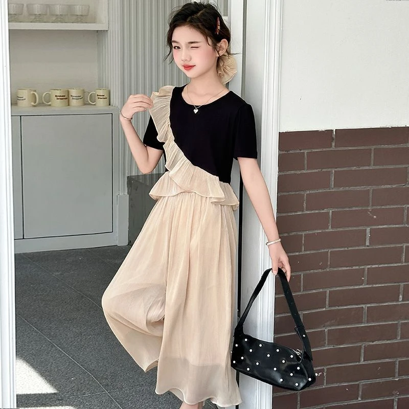 休闲中大童花边夏季短袖新款洋气时髦裙裤两件套女童夏装套装