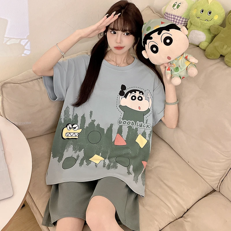 女士睡衣夏季纯棉短袖卡通学生少女大码200斤胖MM女款家居服套装