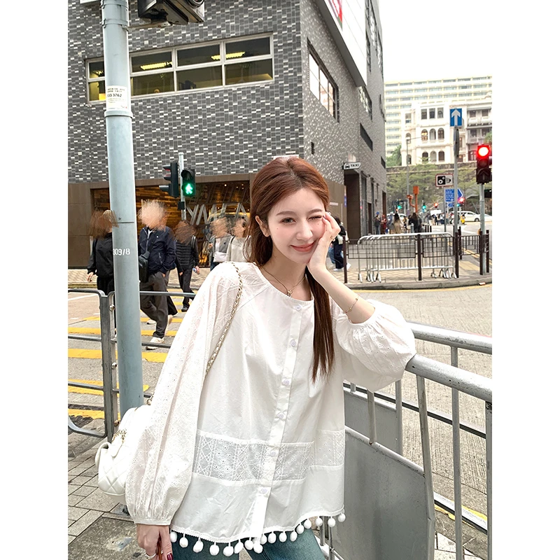 杨杨YANGRUOYU 1/6【贩卖春天】流苏衬衫女设计感花边长袖娃娃衫