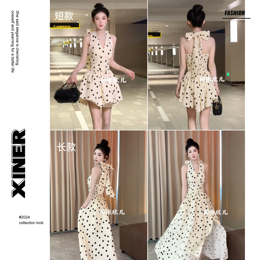 冯冯●梦中情裙JJX4LYQ3036波点露背连衣裙女莫奈花园风