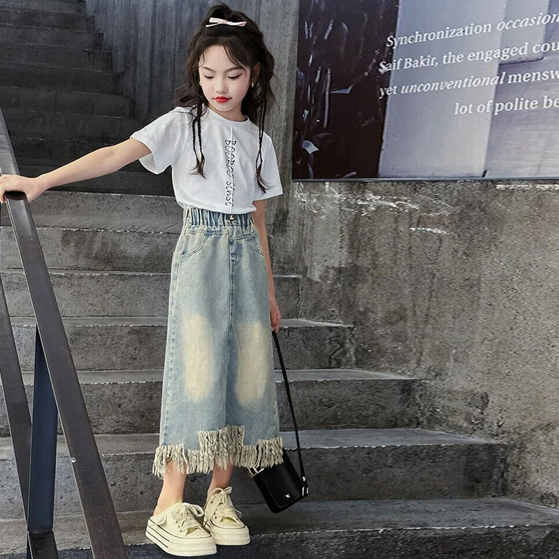 2025新款女童时尚洋气百搭韩版炸街牛仔流苏裙裙子夏季中长款