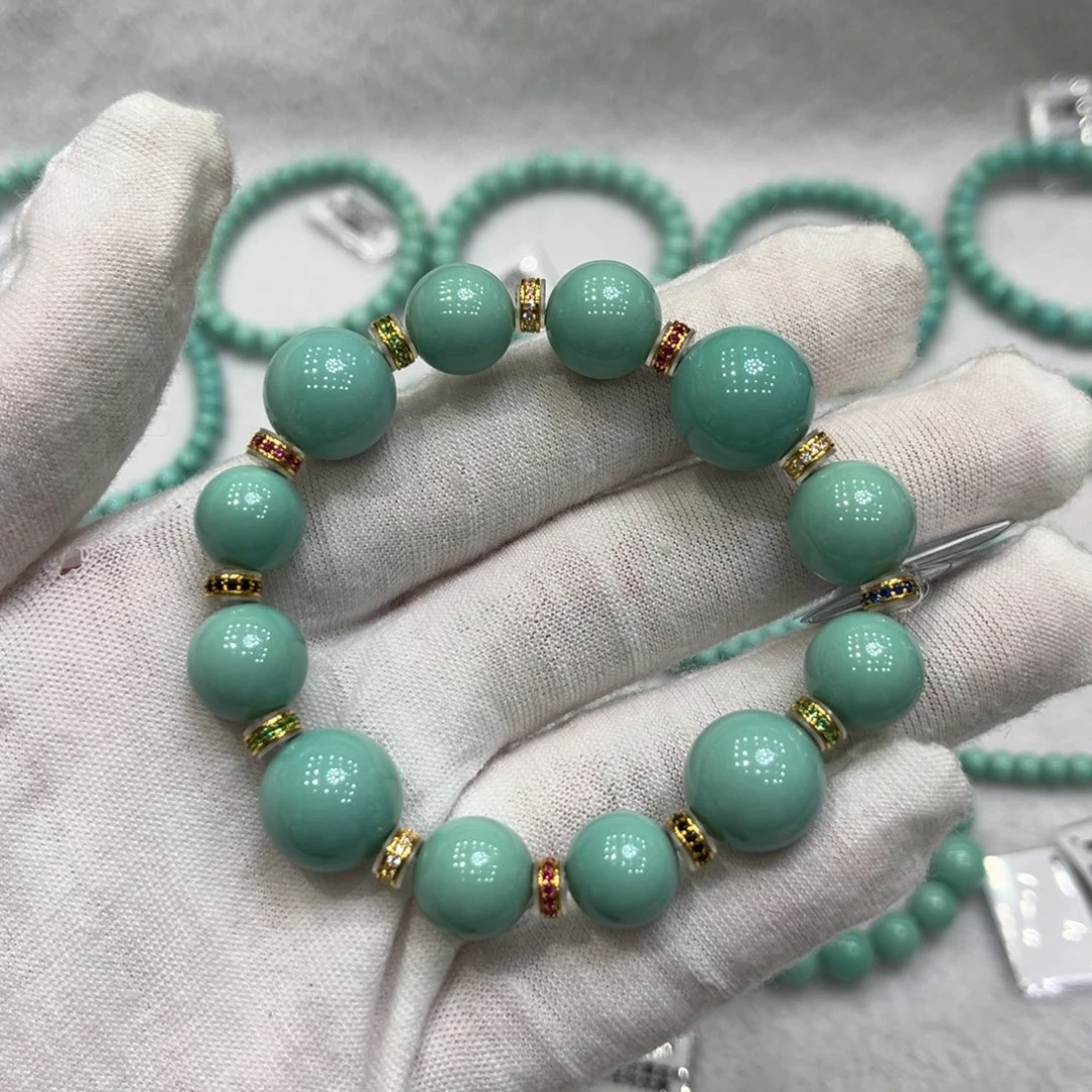 绿松石18K金镶嵌珠宝奇石精品圆珠手串