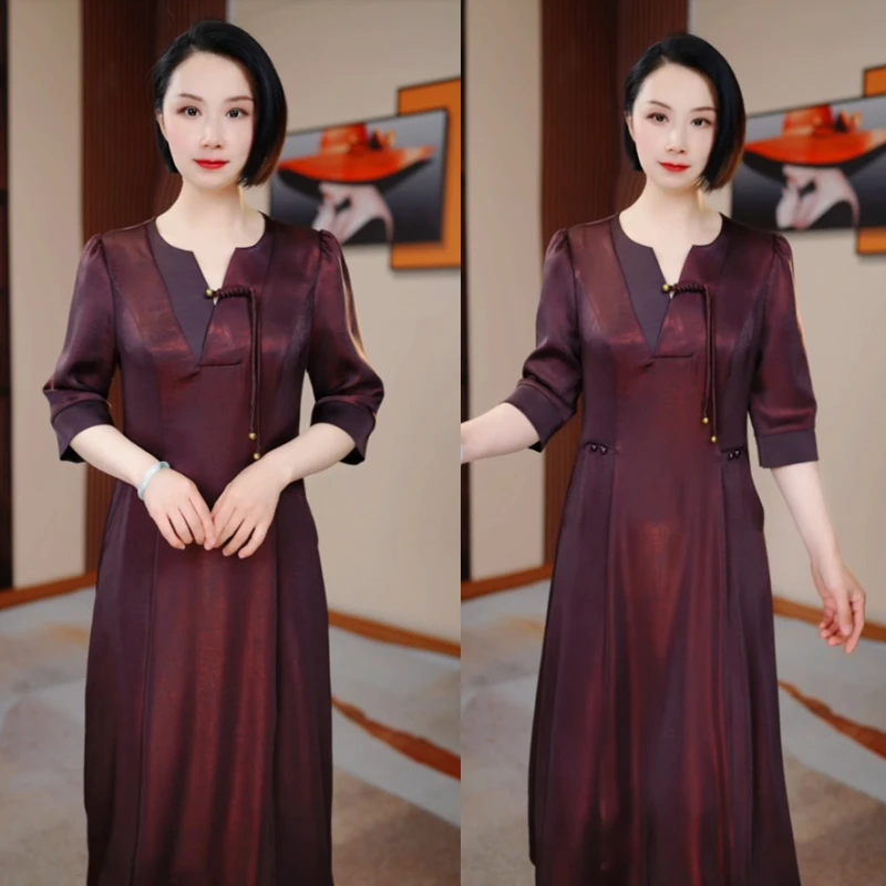 【现货】V领早秋新款遮肉显瘦修身气质连衣裙H5B002中国风妈妈装