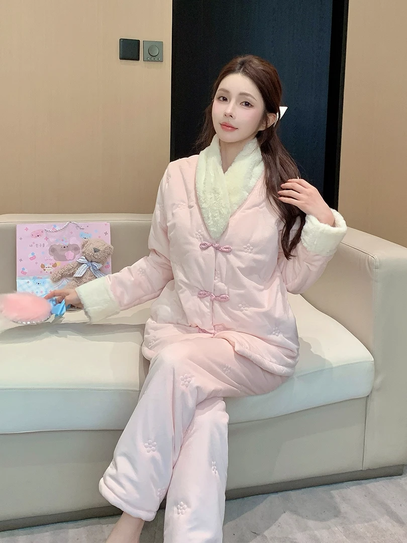 三层夹棉珊瑚绒睡衣女款秋冬加绒加厚新中式国风甜美可外穿家居服