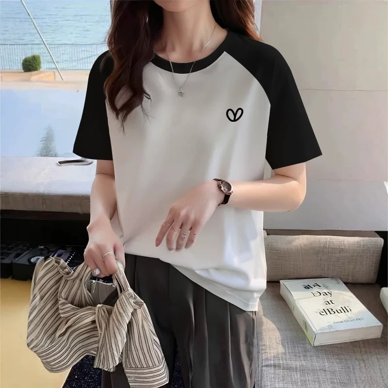 t恤女短袖2025夏季新款洋气百搭插肩撞色小众设计感上衣圆领体恤
