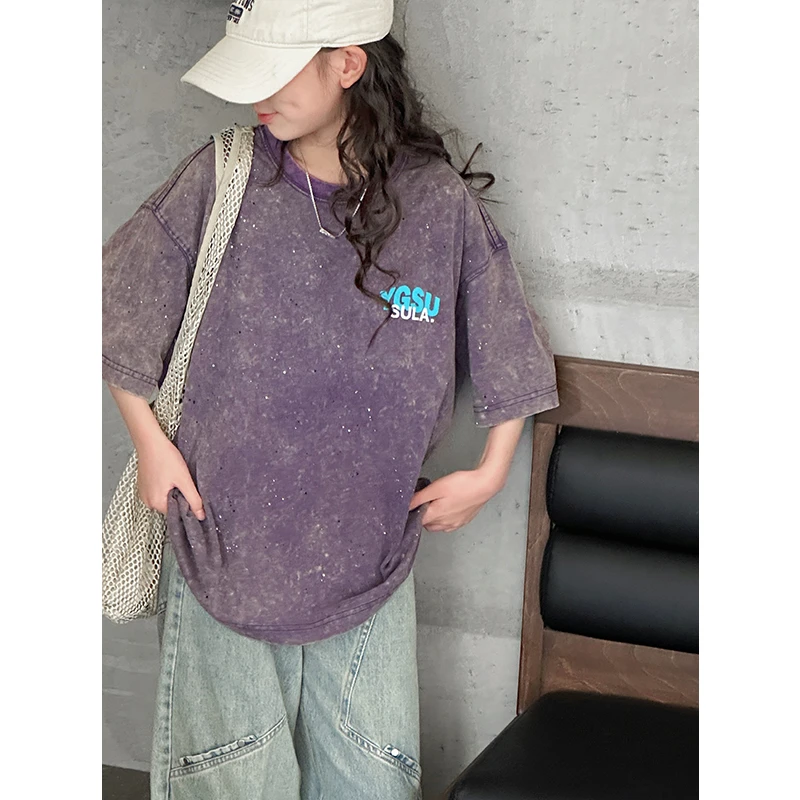 K28229水洗做旧女童短袖T恤2025夏装新款儿童上衣女大童半袖休闲t