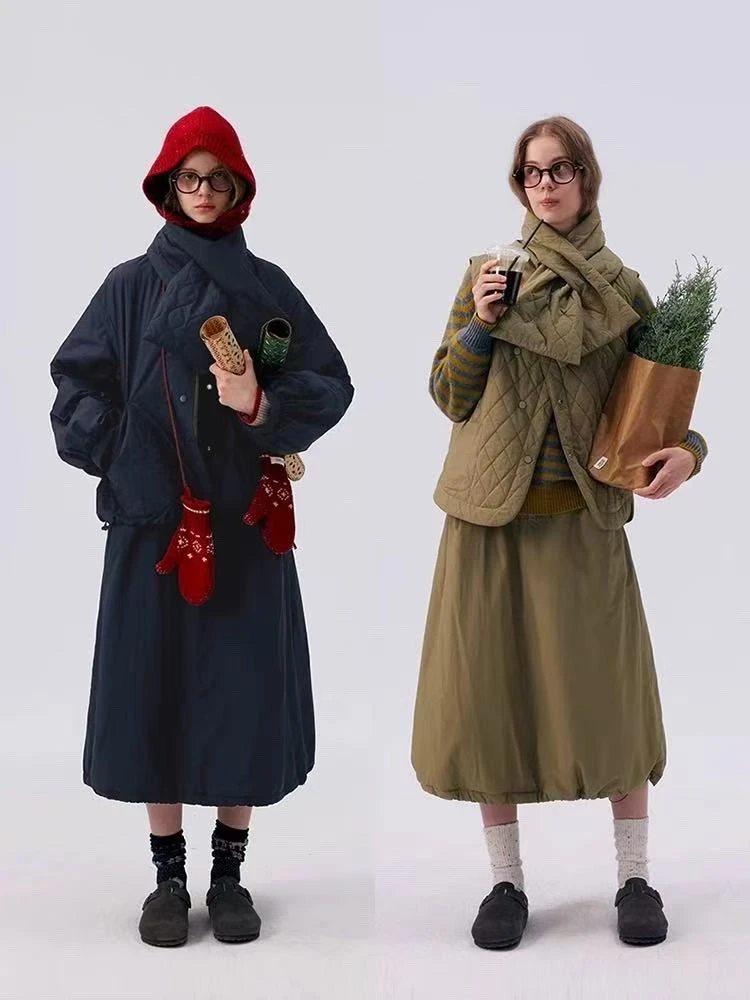 2024冬季新款百搭棉服外套女复古宽松保暖棉衣+半身裙三件套8260