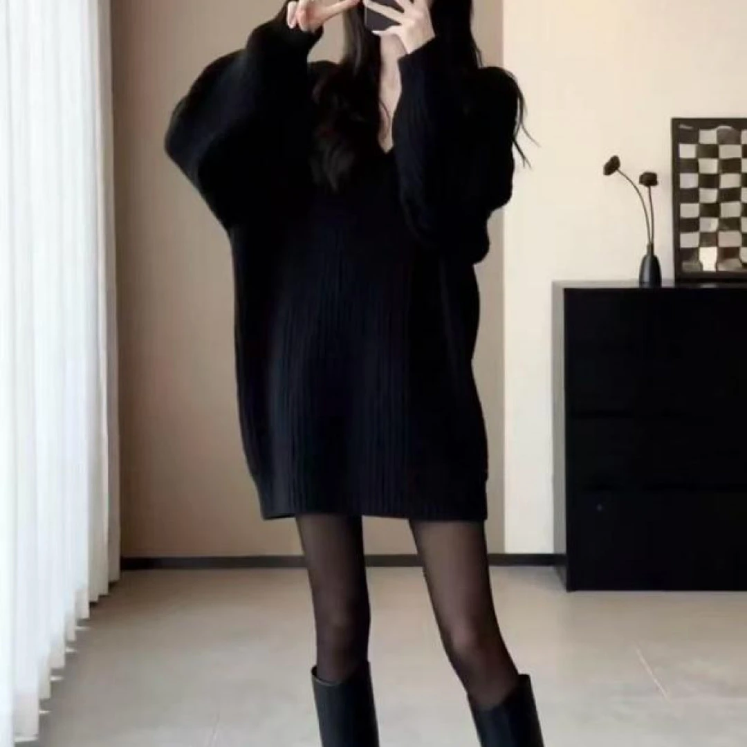 秋冬大码女装慵懒风针织中长款上衣衫胖mm遮肚显瘦百搭打底毛衣