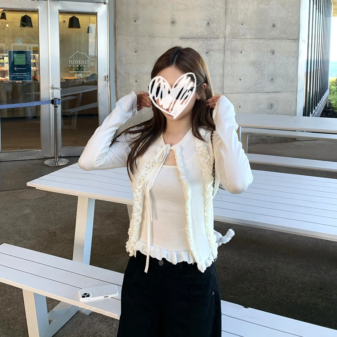 iamannieww秋季休闲套装木耳边吊带百搭气质开衫显瘦上衣外套女潮