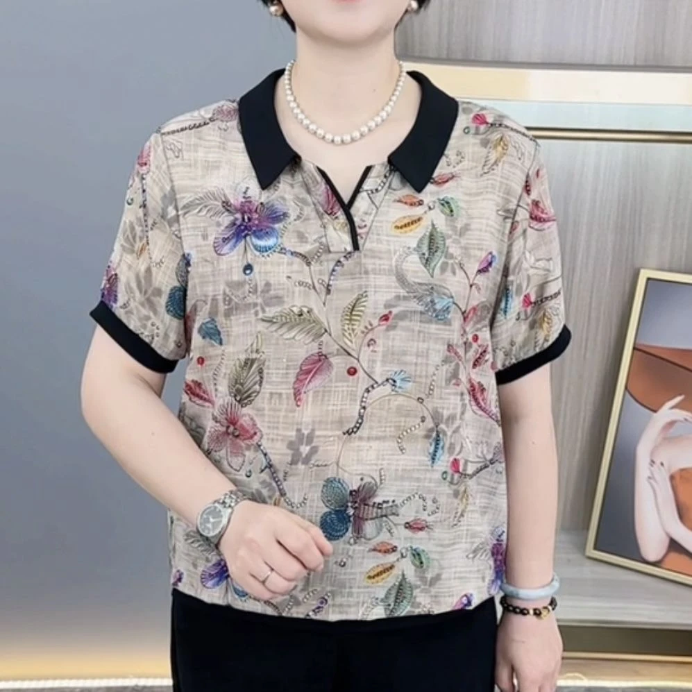 2025夏季新款时尚翻领印花气质妈妈装显瘦百搭休闲薄款短袖上衣