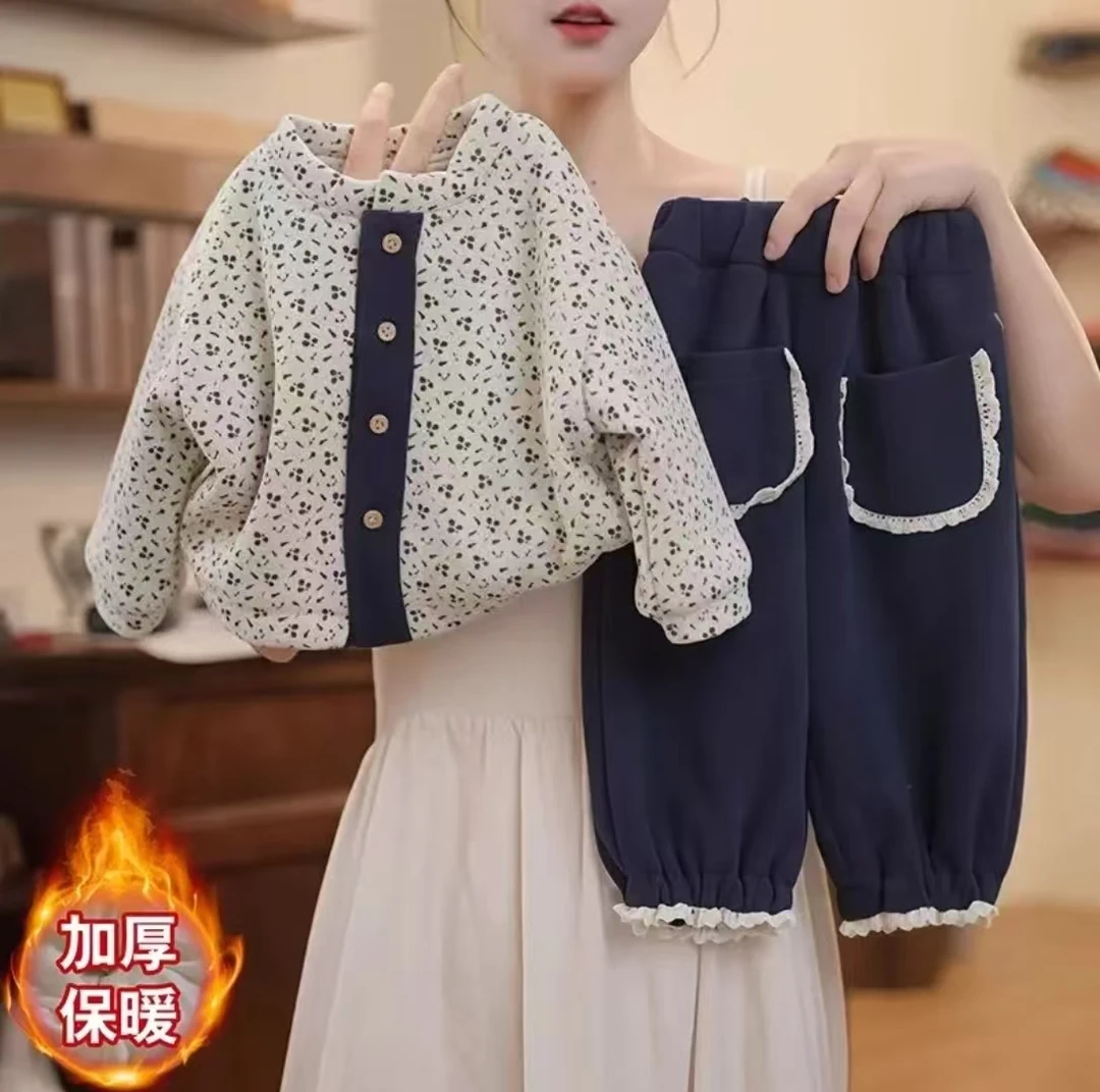 女童秋冬套装2025秋季新款洋气碎花花边韩版童装女宝宝春秋两件套