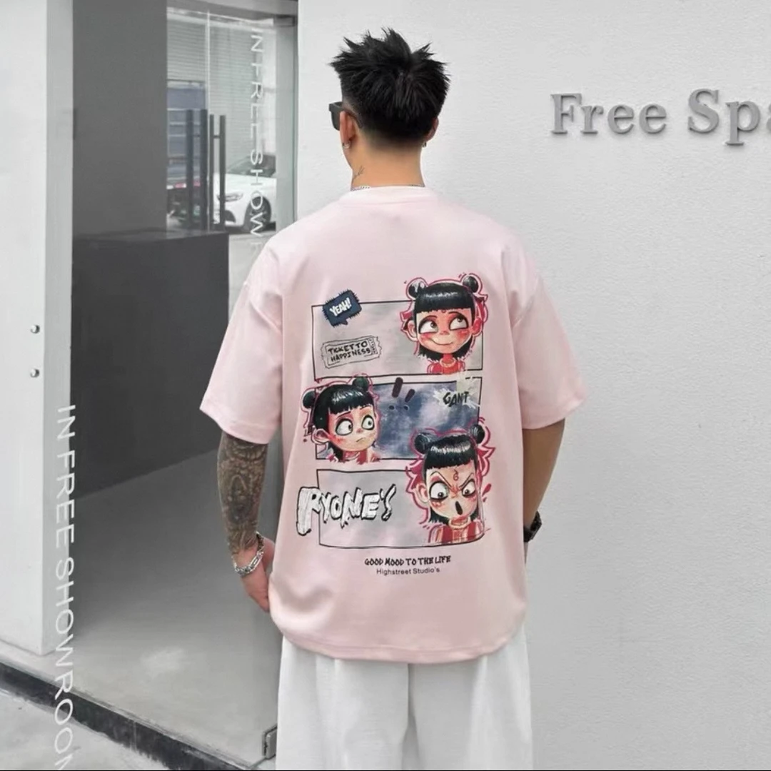 夏季ins韩版潮流哪吒百搭短袖T恤园林化印花宽松休闲时尚男上衣