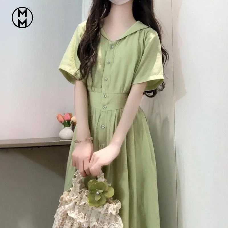 MM绿色气质显瘦衬衫连衣裙子女夏季2025新款法式度假风清纯掐腰长